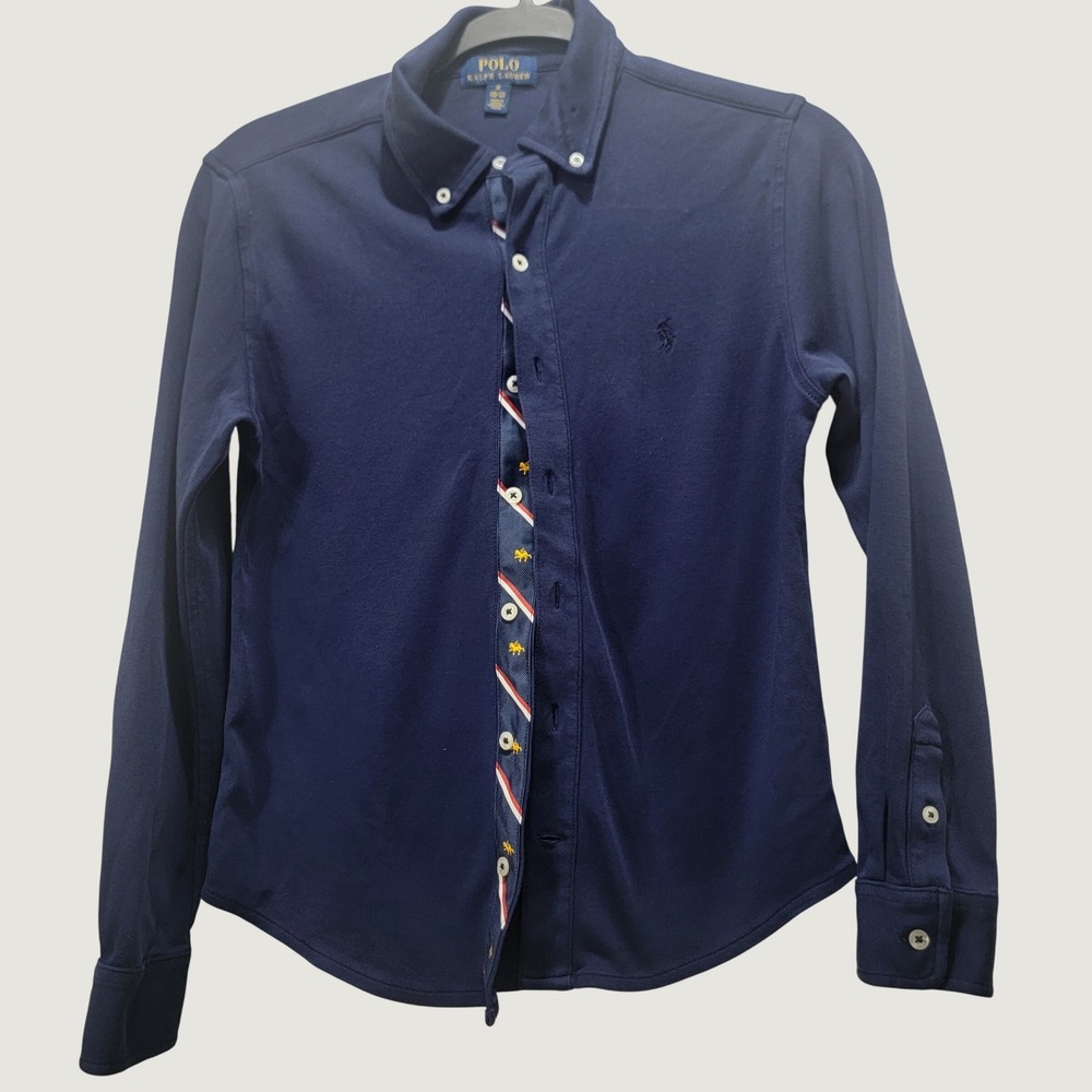 Polo Ralph Lauren Boys M 10-12 Navy Knit ButtonDown Shirt Striped Placket Preppy